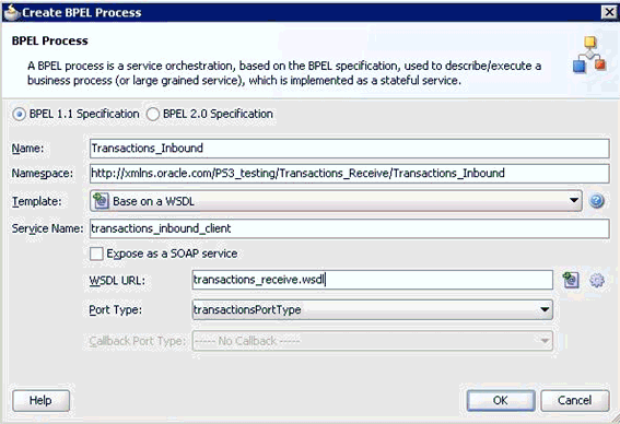 Create BPEL Process dialog box