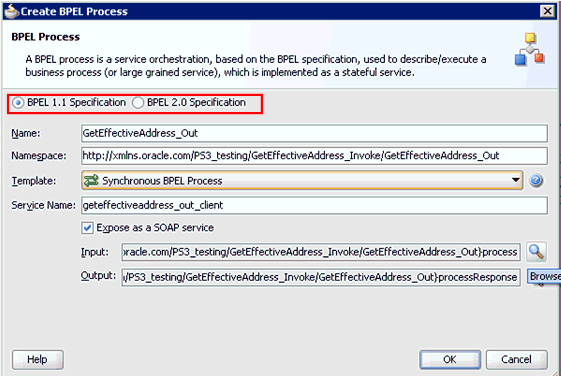 Create BPEL Process dialog box