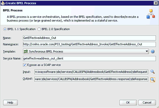 Create BPEL Process dialog box