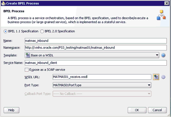 Create BPEL Process dialog box