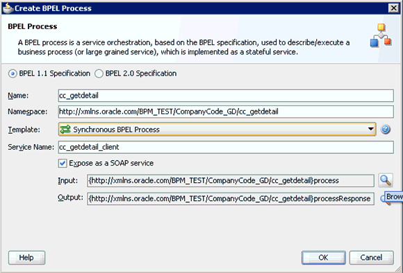 Create BPEL Process dialog box