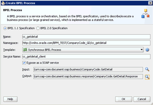 Create BPEL Process dialog box
