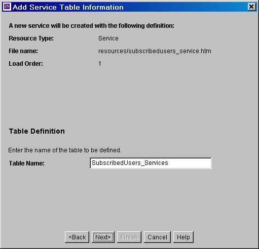 Add Service Table Information screen