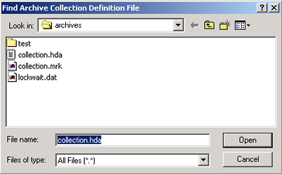 Find Archive Collection Definition File screen.