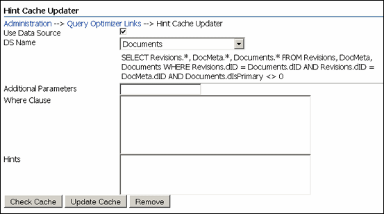 Hint Cache Updater screen with data source
