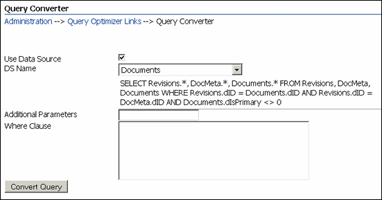 Query Converter screen with data source
