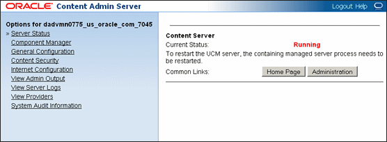 Content Admin Server Status screen