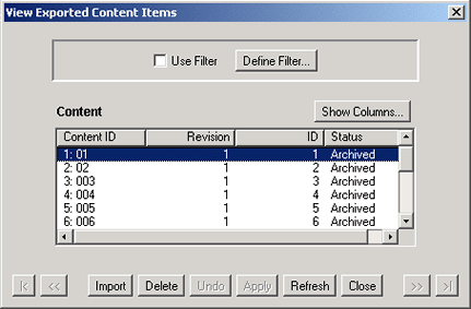 View Exported Content Items screen.