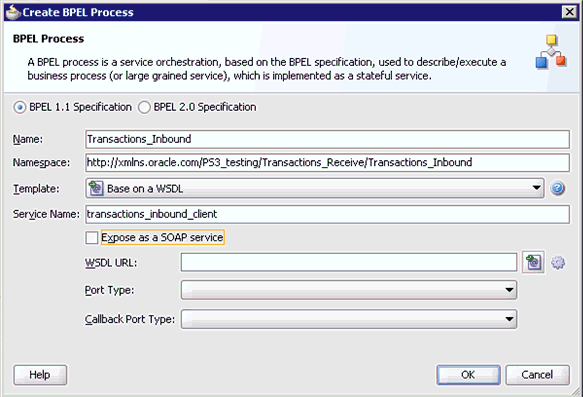 Create BPEL Process dialog box