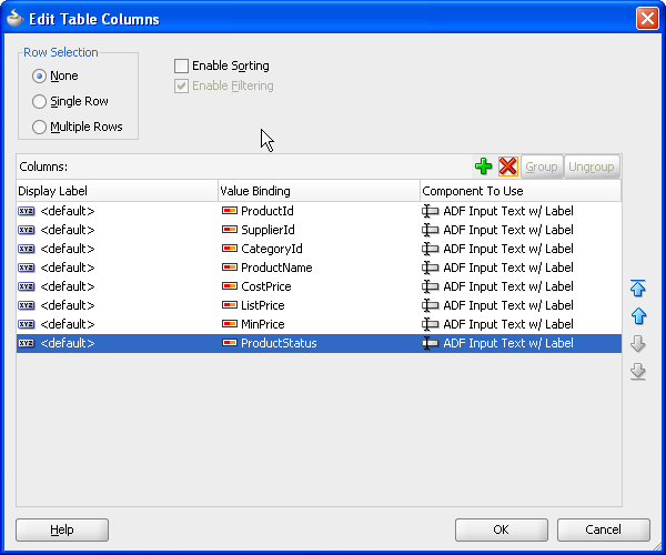 Edit table columns dialog for filtered table.