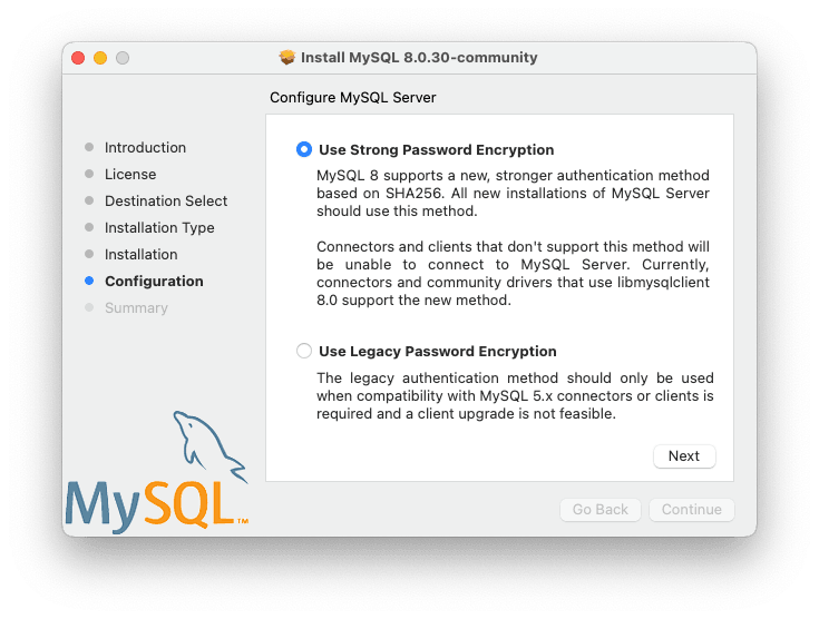 Most content is described in the surrounding text. The installer refers to caching_sha2_password as "Use Strong Password Encryption" and mysql_native_password as a "Use Legacy Password Encryption".