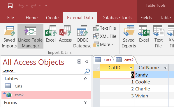Shows "Linked Table Manager" under the "External Data" tab in Microsoft Access. Underneath are two panes: The All Access Objects pane shows the available tables, and the second pane shows data from the table. The "cats2" table is selected.