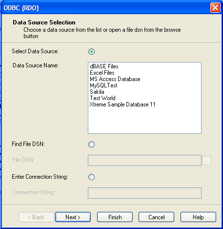 Three options include "Select Data Source" that displays a list of selectable pre-configured Data Source Names, "Find File DSN" with a select box to choose a file, and "Enter Connection String" to manually enter a connection string.