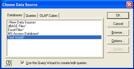 Shows the initial "Choose Data Source" dialog in the Microsoft Query wizard. The three available tabbed sections are "Databases", "Queries", and "OLAP Cubes". The "Databases" tab is selected that shows the following fields: "New Data Source", "dBASE Files", "Excel Files", "MS Access Database" and "Test World" where "Test World" is selected. The "Use the Query Wizard to create/edit queries" option's check box is selected.