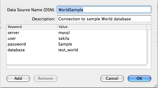 Shows an example Data Source Name dialog with "Data Source Name" set to WorldSample and "Description" set to "Connection to sample World database." Also shown are the following key=value pairs: server=mysql, user=sakila, password=Sample, and database=test_world.