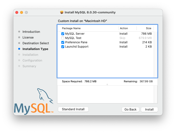 Customize shows three package name options: MySQL Server, MySQL Test, Preference Pane, and Launchd Support. All three options are checked.