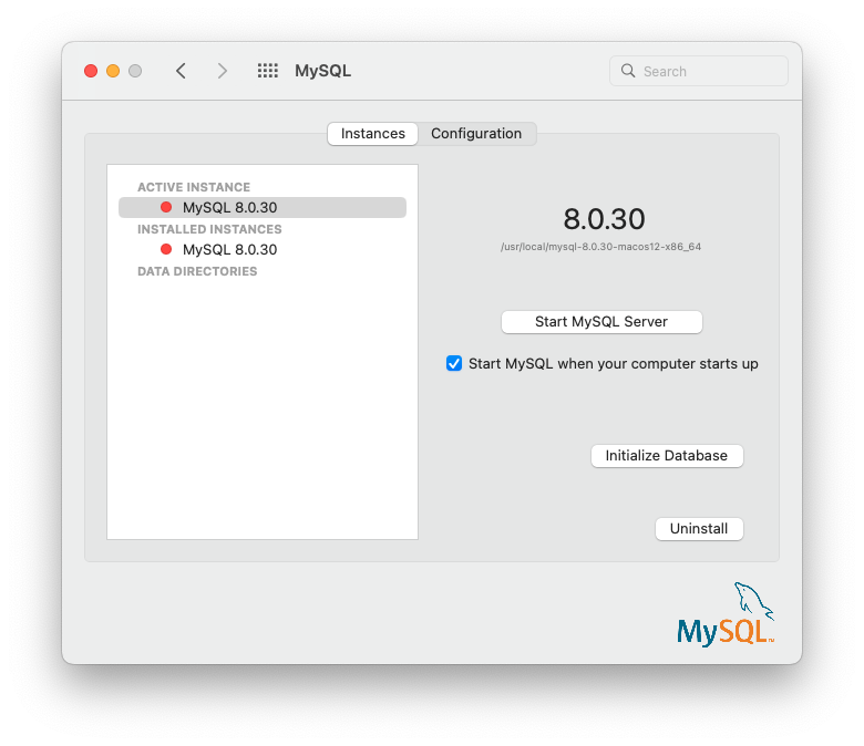 The left side shows a list of MySQL instances separated by "Active Instance", "Installed Instances", and "Data Directories" sections. The right side shows a "Stop MySQL Server" button, a check box titled "Start MySQL when your computer starts up", and "Initialize Database" and "Uninstall" buttons.