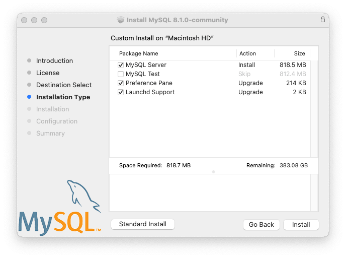 Customize shows three package name options: MySQL Server, MySQL Test, Preference Pane, and Launchd Support. All three options are checked.
