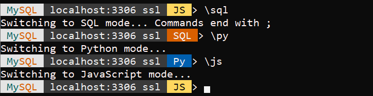 MySQL Shell prompt showing changes of input language JavaScript to SQL, SQL to Python, Python back to JavaScript.