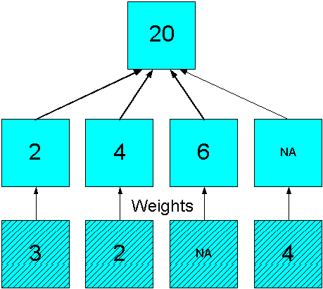 Diagram of four weighted values summed into one value Diagram of four weighted values summed into one value