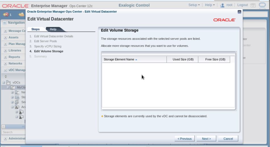 This is a screenshot of the Edit Virtual Datacenter wizard showing the screen of step four for editing a volume storage.