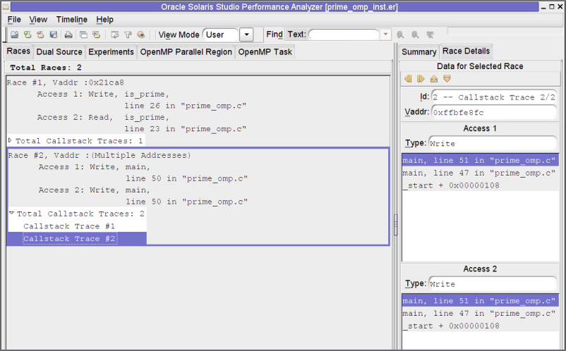 A screen shot of the Thread Analyzer window showing the Race Details tab with call stack traces for a data race in prime_omp.c