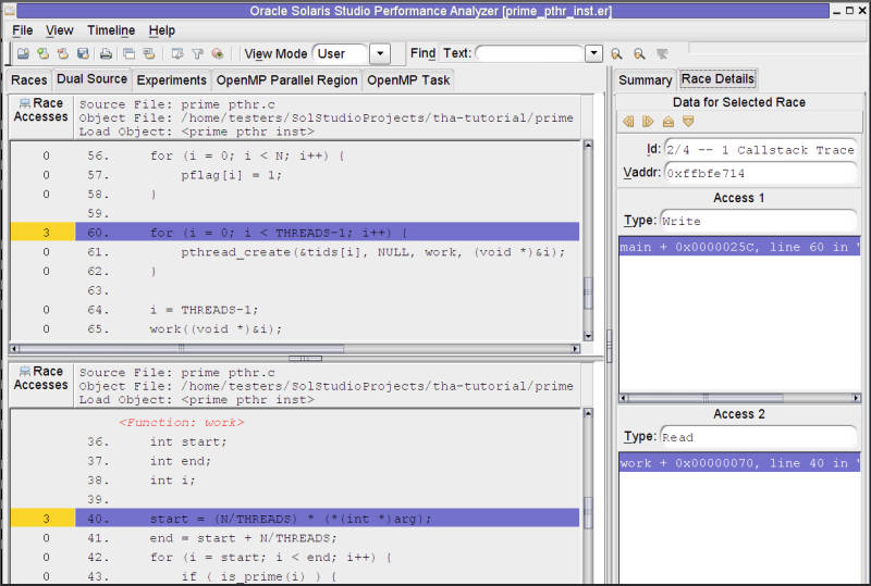 A screen shot of the Thread Analyzer window showing the Dual Source tab.