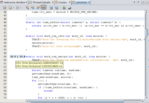 Editor window showing pop-up metrics for work_run_usrcpu function