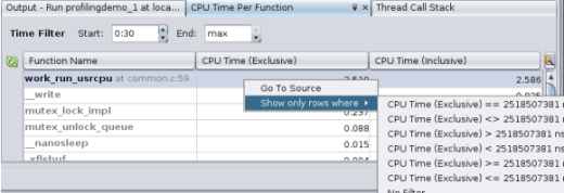 CPU Time Per Function tab with filtering list