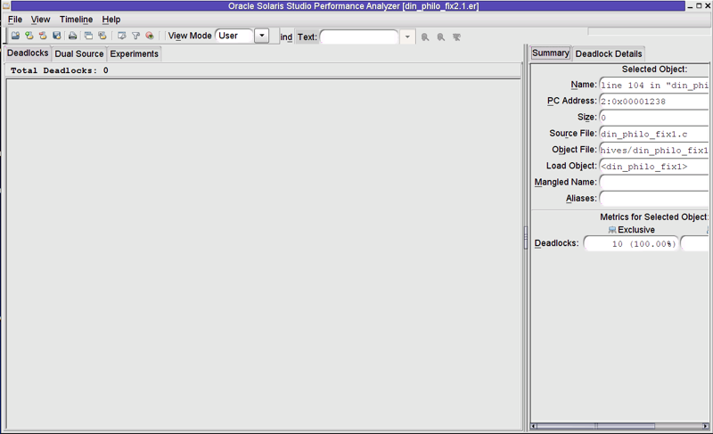 A screen shot of the Thread Analyzer window which shows no deadlocks.