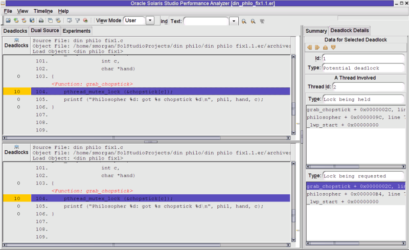 A screen shot of the Thread Analyzer's Dual Source tab which shows a potential deadlock.