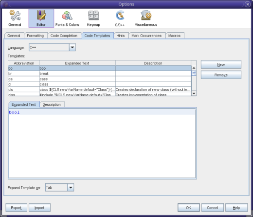 Code Templates tab in Options dialog box