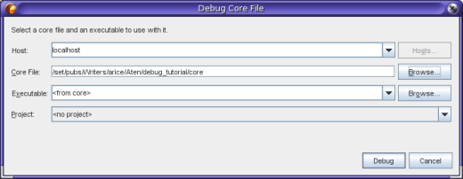 Debug Core file dialog box