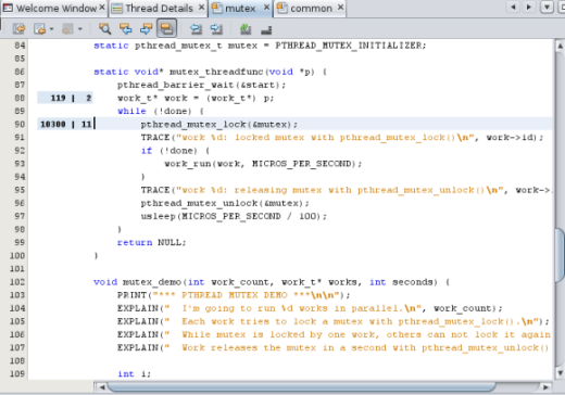 Editor window showing source code where the pthread_mutex_lock function is called