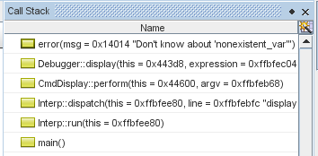 Call Stack window with error message frame