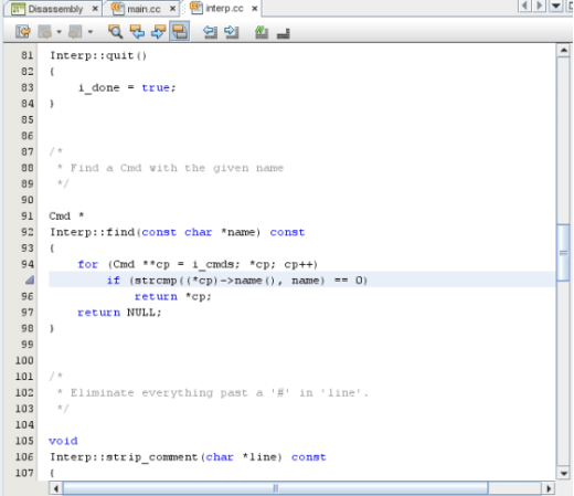 Editor window with triangle in margin and lavender stripe on code line