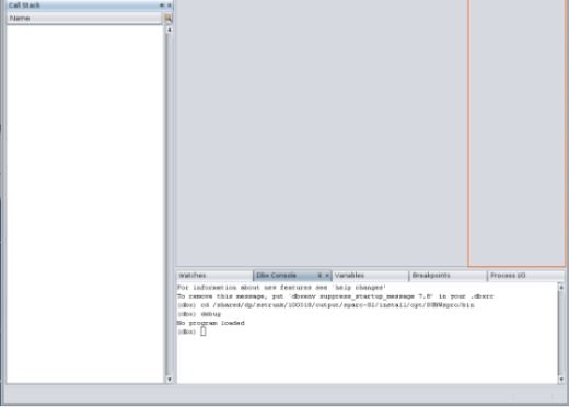 dbxtool window with outline of Call Stack window at far right above tabs area