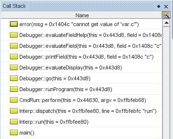 Call Stack window with error message frame