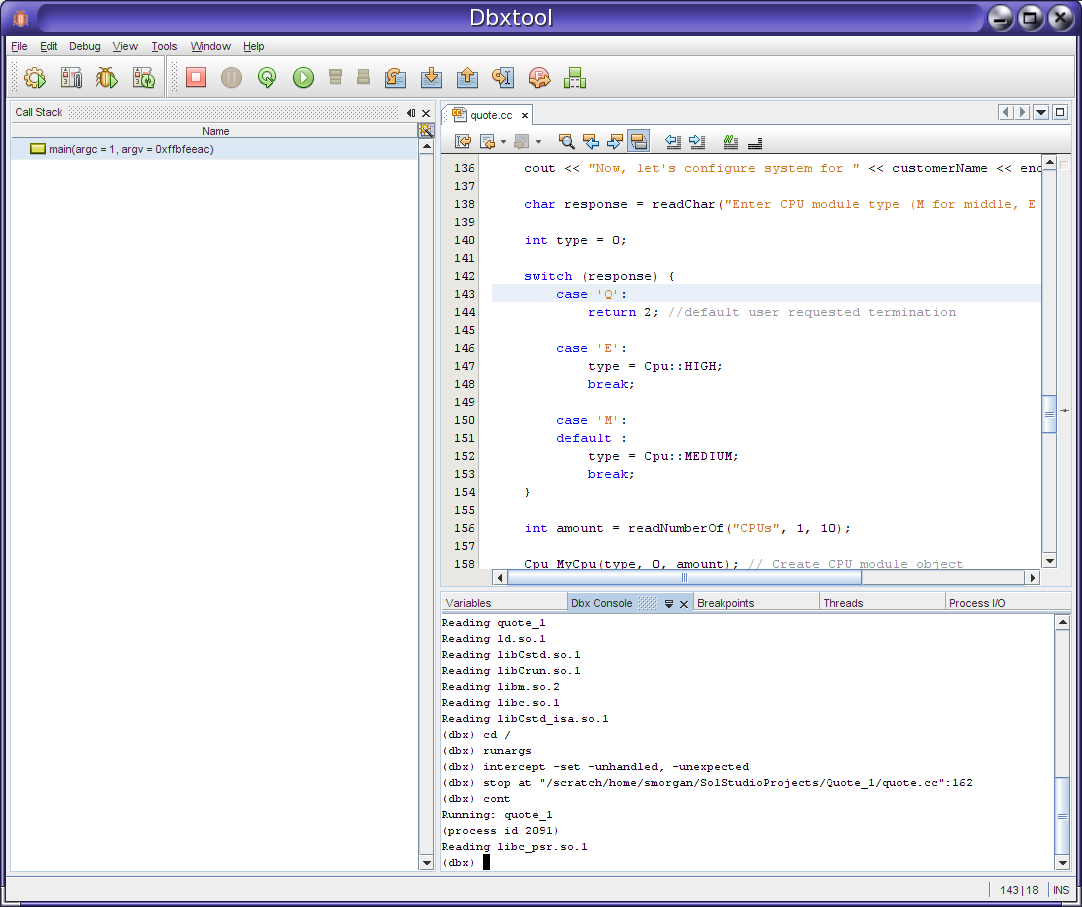 Screen Capture of dbxtool with dbx Debugger Running