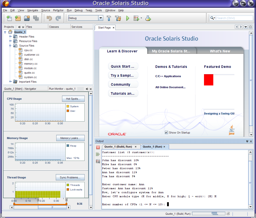 Screen capture showing the Oracle Solaris Studio IDE