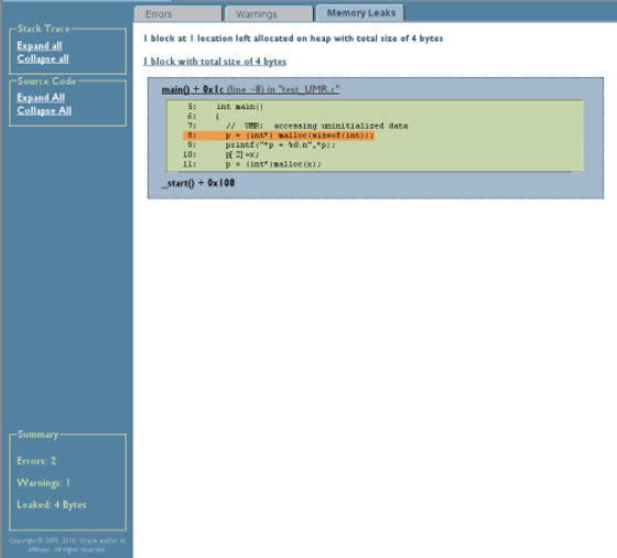image:Memory Leaks tab of HTML Discover report with stack trace and source code