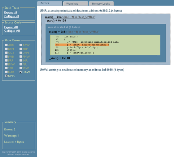 image:Error tab of HTML Discover report with source code