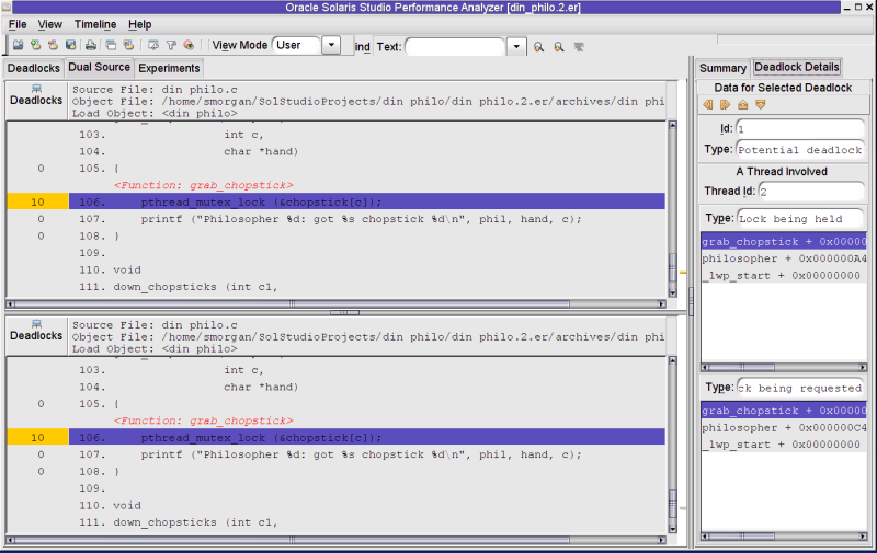 A screen shot of the Thread Analyzer's Dual-Source tab which shows a potential deadlock.