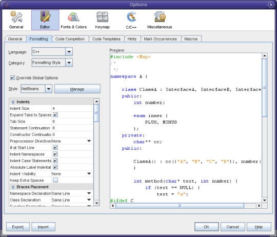 Formatting tab in Options dialog box