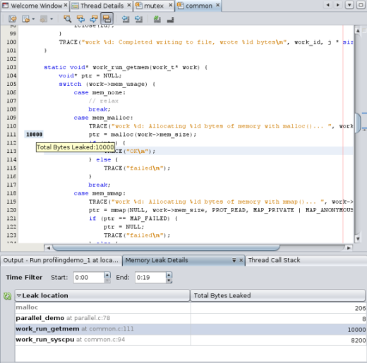 Editor window and Memory Leak Details tab Editor window and Memory Leak Details tab