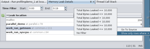Memory Leak Details tab with filter selection list Memory Leak Details tab with filter selection list