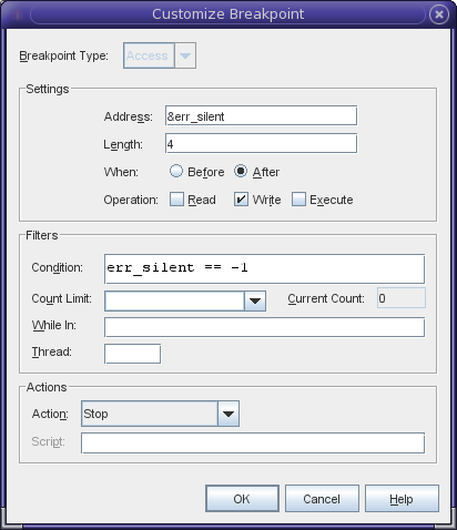 Customize Breakpoint dialog box Customize Breakpoint dialog box