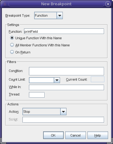 New Breakpoint dialog box New Breakpoint dialog box