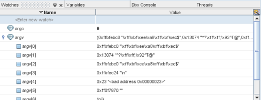 Watches window with argc value in bold Watches window with argc value in bold