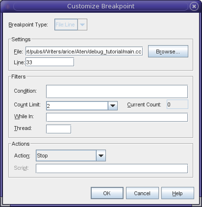 Customize breakpoint dialog box Customize breakpoint dialog box